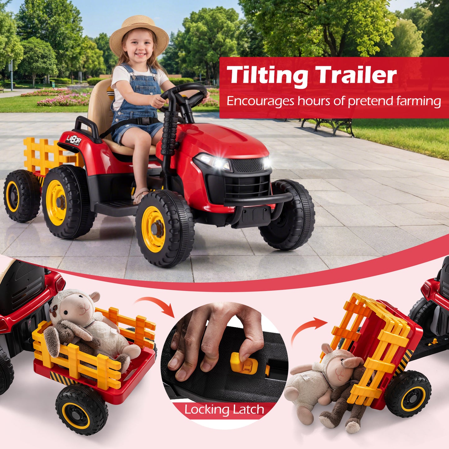 24V Kids Ride On Tractor with Trailer Remote LED Lights | Red