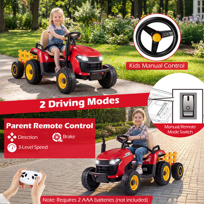 24V Kids Ride On Tractor with Trailer Remote LED Lights | Red