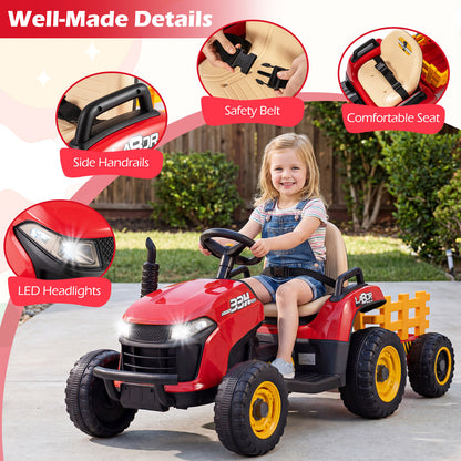 24V Kids Ride On Tractor with Trailer Remote LED Lights | Red