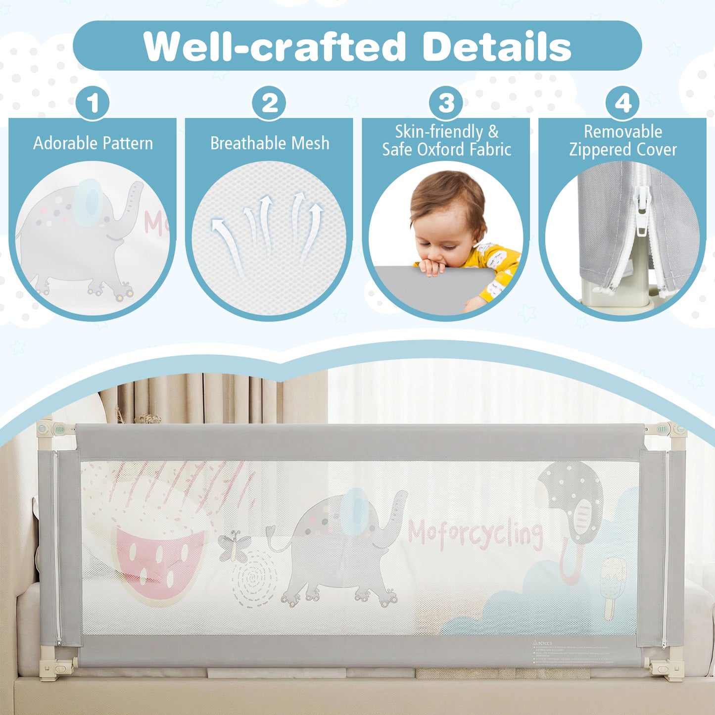 Grey Baby Bed Rail | 175cm Height Adjustable Oxford Fabric