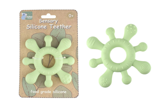 Green silicone teether for babies, Koala Dream Sensory design for soothing gums at home.