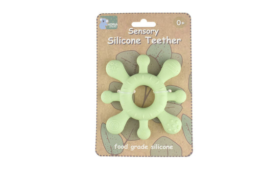 Green silicone teether designed for baby gum soothing, featuring adorable koala design.