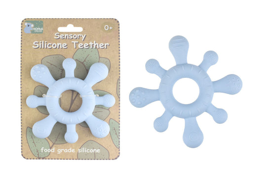 Blue textured silicone baby teether designed for soothing and teething relief.