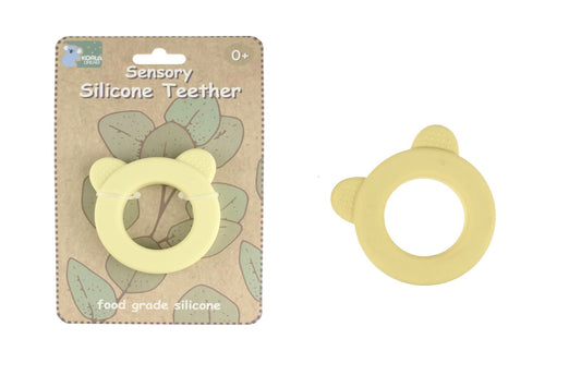 Yellow bear silicone teether with rattle for soothing infant teething, ideal for home use.