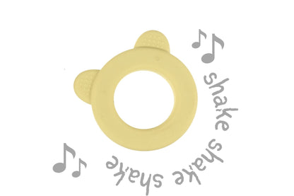 Yellow bear silicone teether with rattle, ideal for soothing teething babies at home.