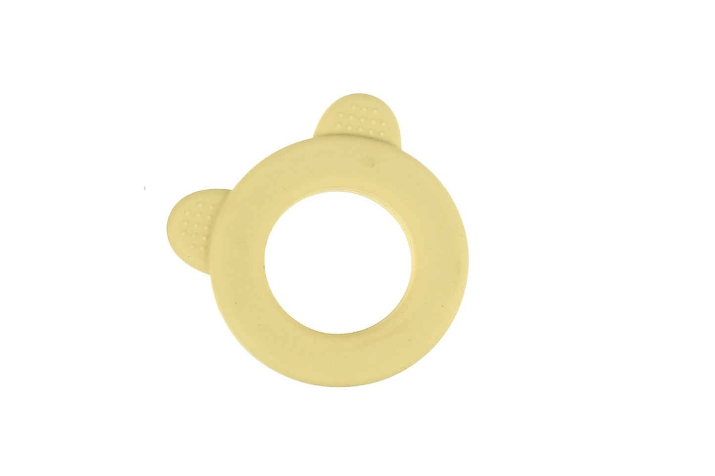 Yellow bear silicone teether with rattle, designed for soothing teething discomfort in infants.