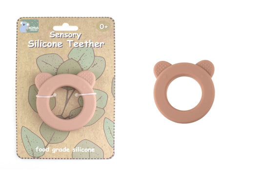 Koala Dream Pink Bear Silicone Teether with Rattle for soothing teething relief at home.