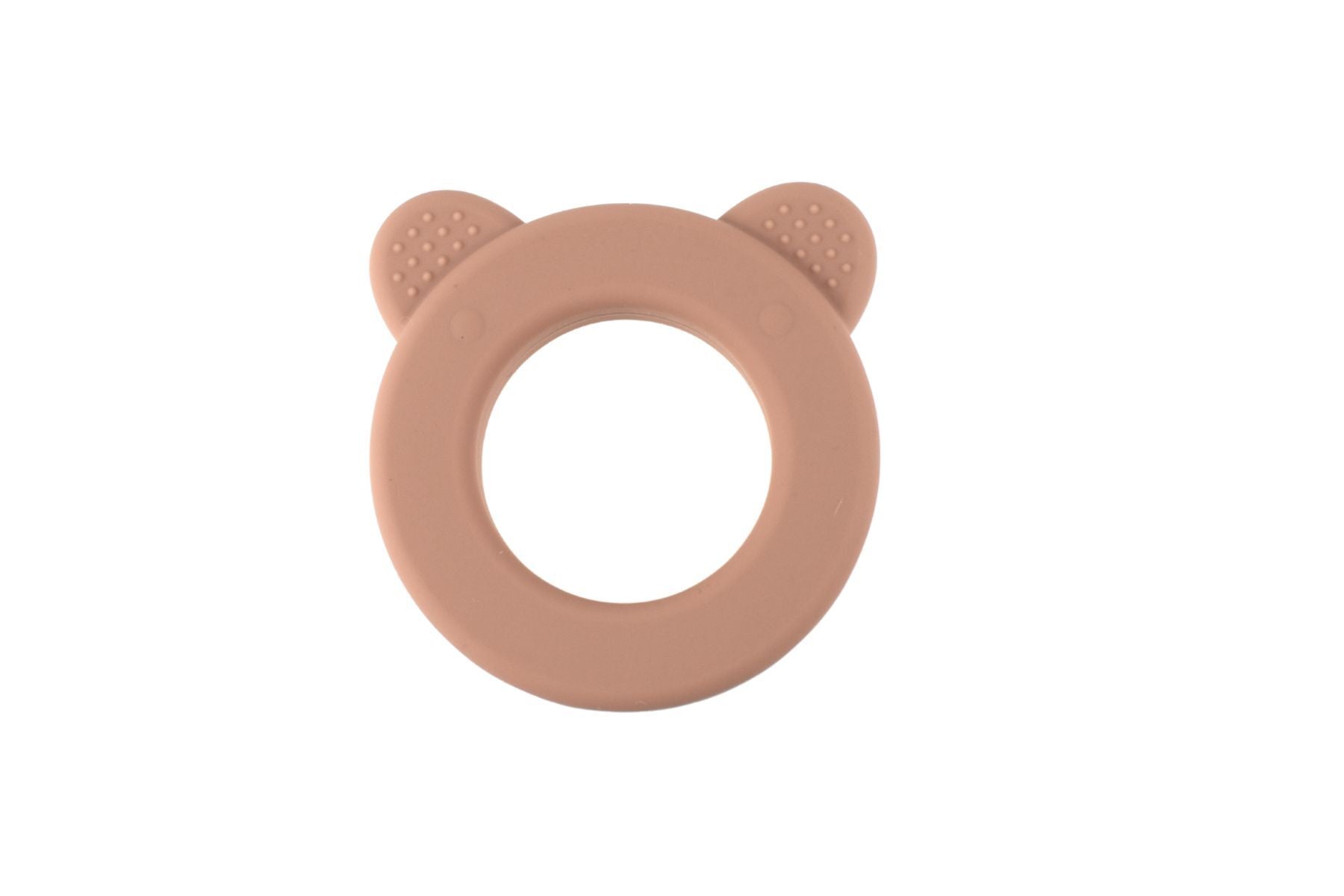 Pink bear silicone teether with rattle for soothing teething babies at home.