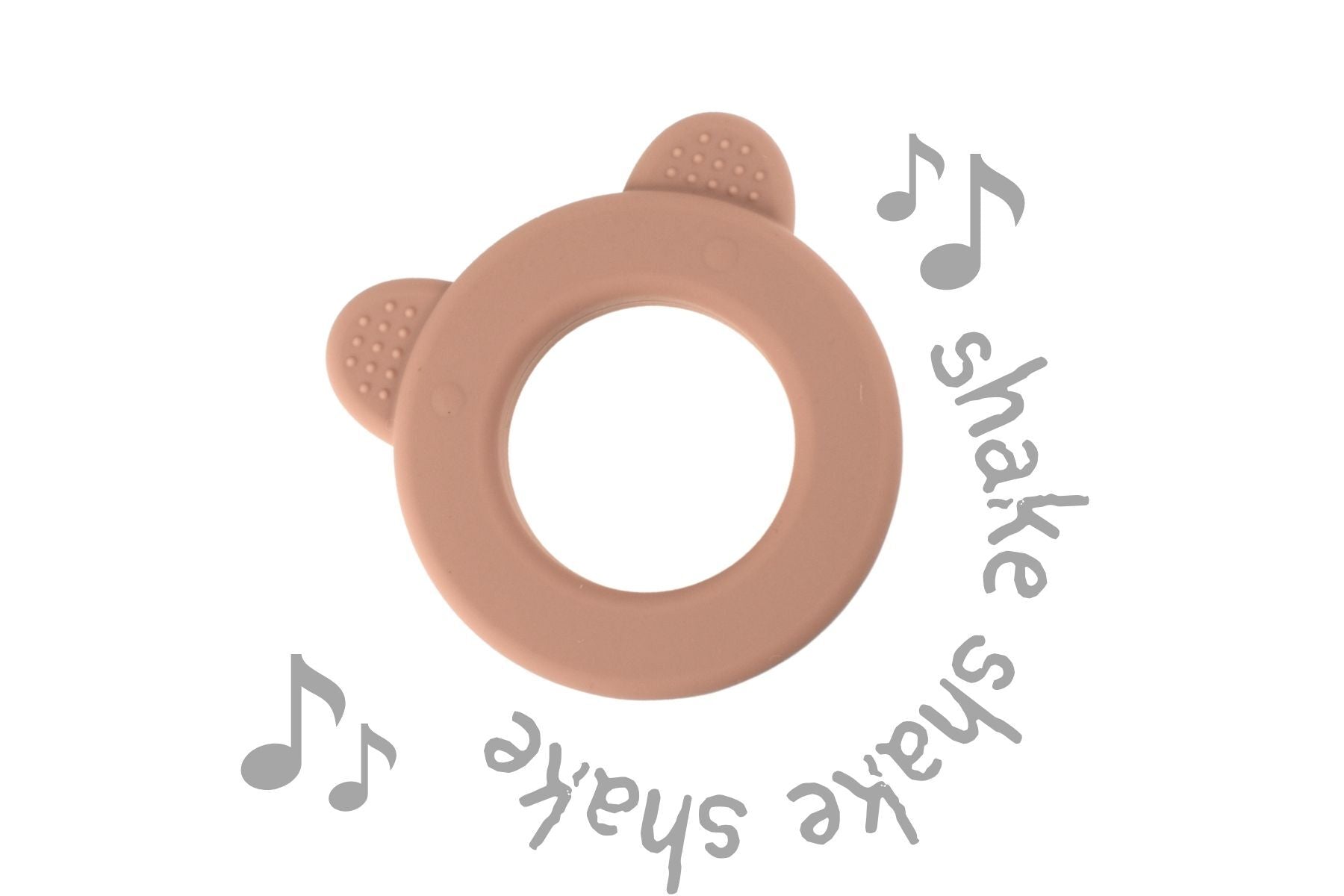 Adorable pink bear teether with rattle, ideal for soothing teething discomfort in babies.