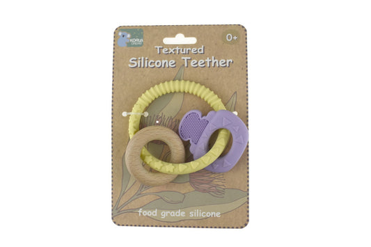 Purple Koala Dream silicone key teether provides gentle gum relief for babies. Perfect for home.