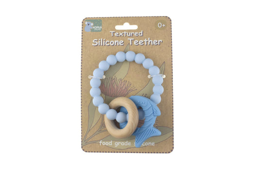 Blue Koala Dream Textured Fish Silicone Teether, ideal for soothing teething babies at home.