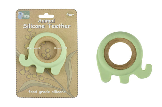 Silicone elephant teether in green, Koala Dream, provides soothing relief for teething babies.