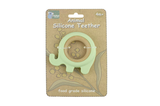 Green silicone elephant teether for soothing, featuring Koala Dream design, ideal for teething infants.