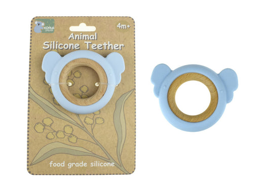 Blue Koala Dream silicone teether with wooden ring for soothing babys teething discomfort.