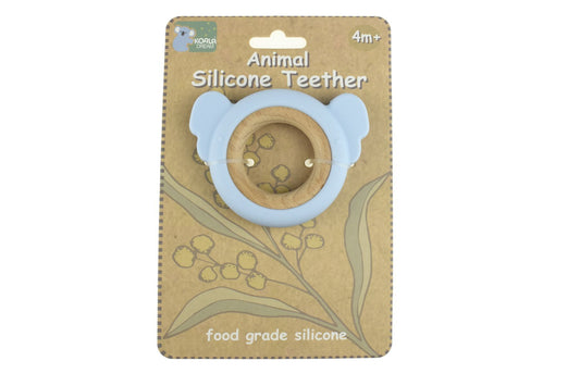 Blue Koala Dream Silicone Teether with Wooden Ring for soothing teething pain in babies.