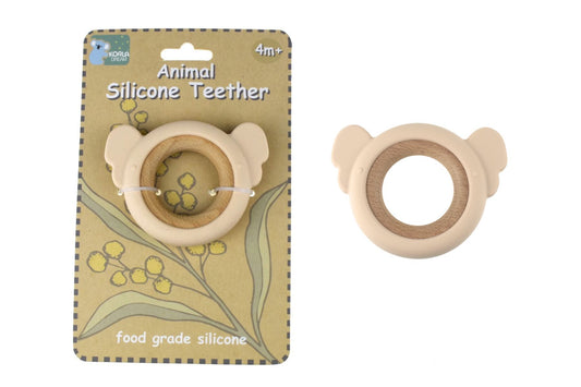 Pink silicone koala teether with wooden ring for soothing babies gums and pain relief.