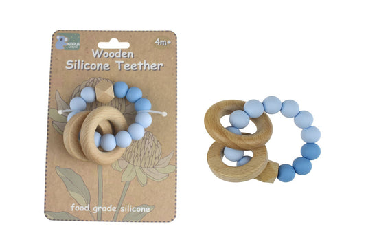 Blue koala-themed wooden and silicone teething rings, ideal for soothing infants.