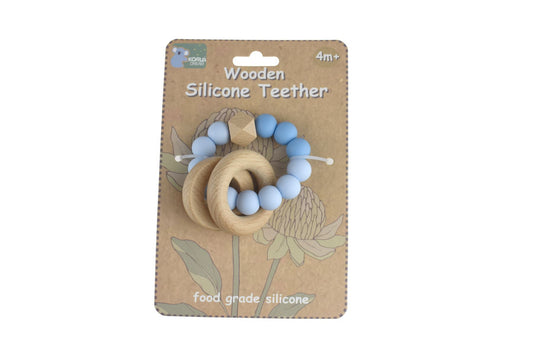 Blue wooden and silicone teething rings by Koala Dream for soothing babys teething discomfort.