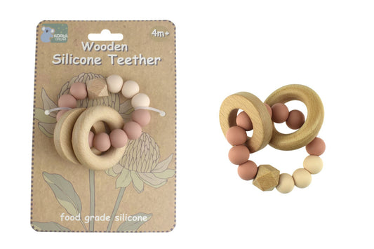 Pink Koala Dream teething rings made of wood & silicone. Safe for babies teething.