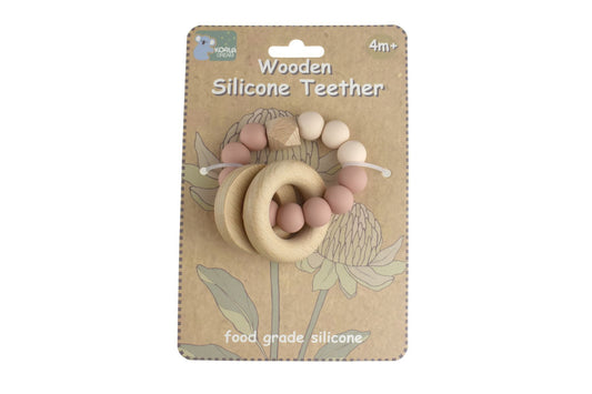 Pink Koala Dream teething rings, a blend of wood and silicone for soothing oral care.