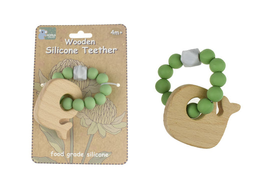 Green Koala Dream Wooden Silicone Whale Teether, a soothing baby toy for teething relief.