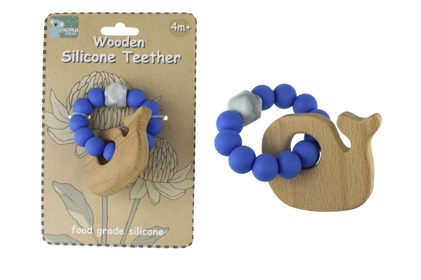 Blue wooden and silicone whale teether for babies by Koala Dream - soothing teething aid.