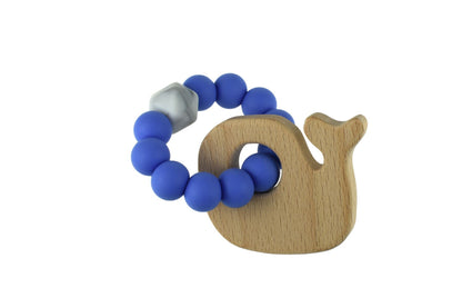 Blue wooden whale teether for babies, soothing gums during teething, Koala Dream design.