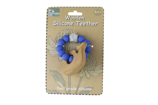 Blue wooden silicone whale teether, ideal for soothing teething babies