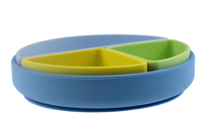 Colorful silicone parting plates set designed for kids mealtimes, featuring 4 playful pieces.