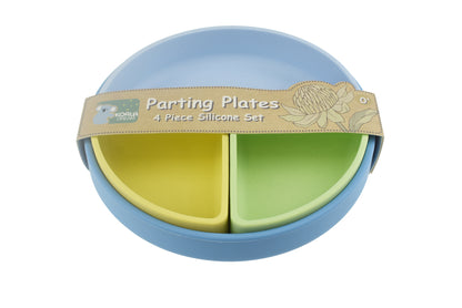 Colorful, silicone parting plates set for kids meals and snacks at home.