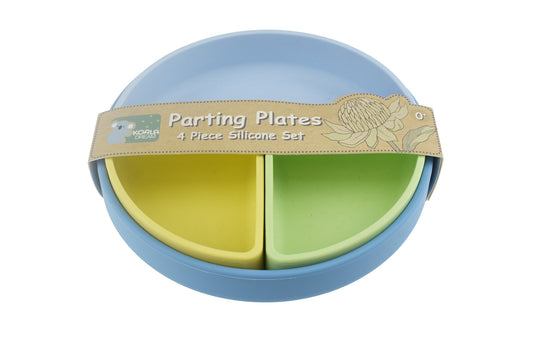 Colorful, silicone parting plates set for kids meals and snacks at home.