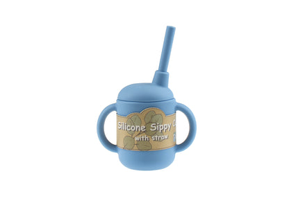 Colorful silicone sippy cup with straw for toddlers, ideal for spill-free hydration at home.