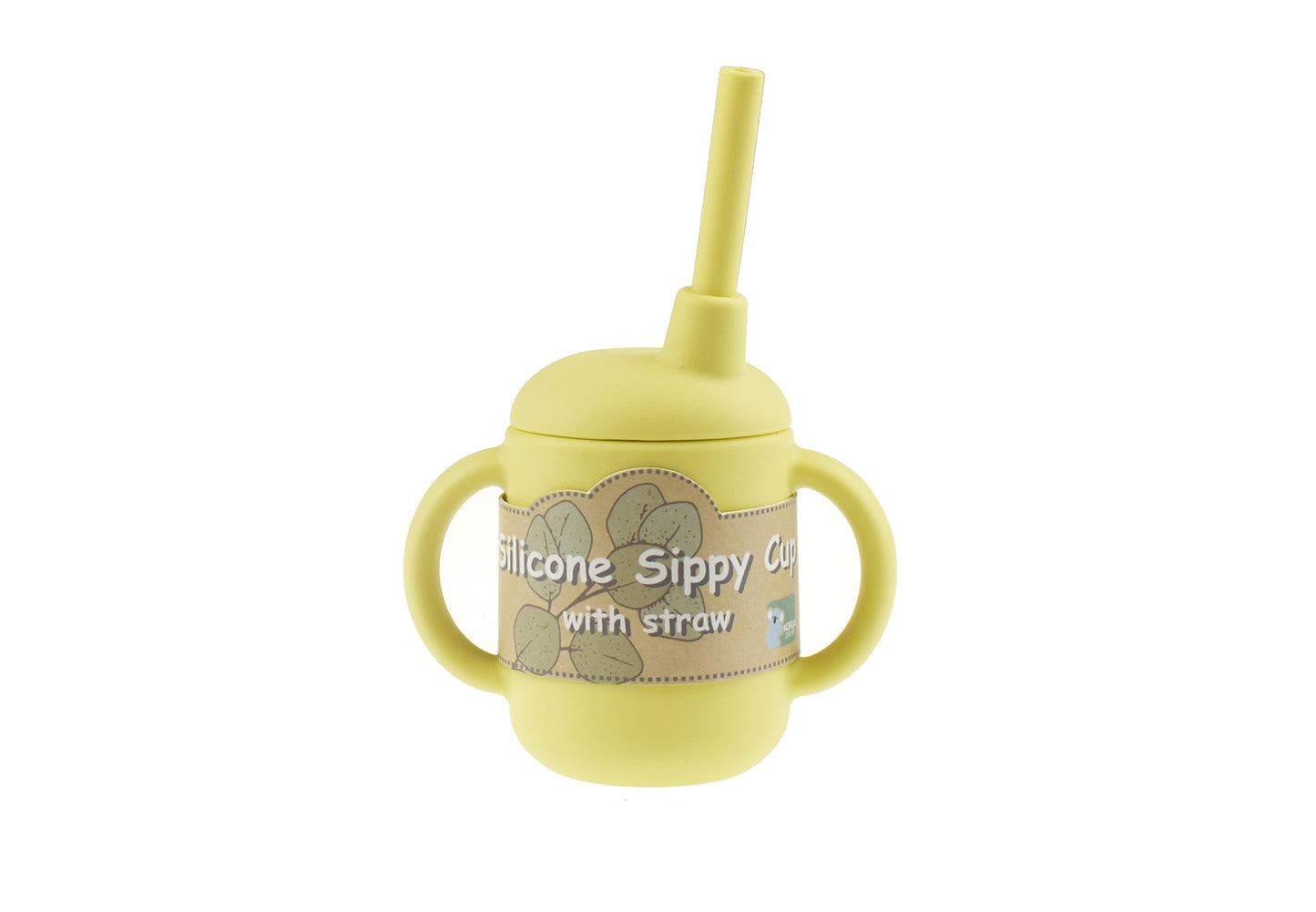 Yellow silicone sippy cup with straw for kids, featuring koala design, spill-proof ease.