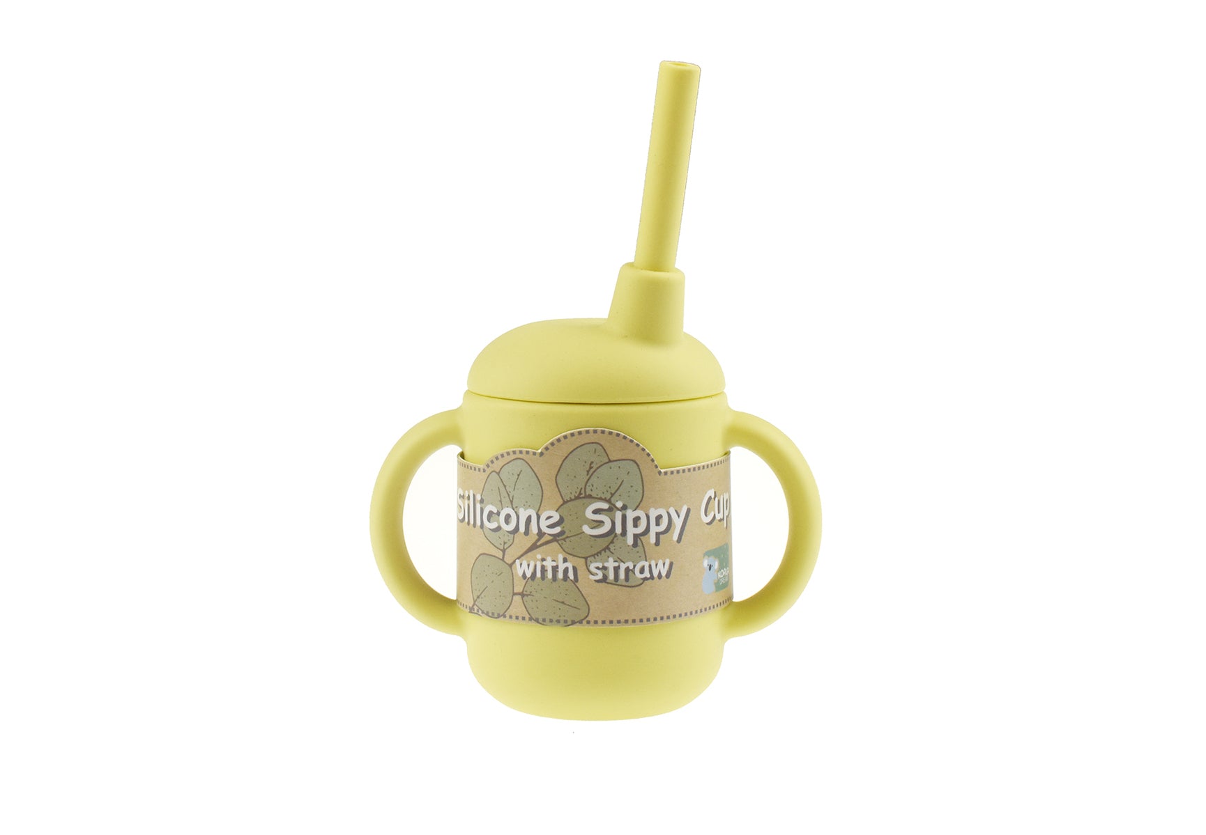 Yellow silicone sippy cup with straw for kids, featuring koala design, spill-proof ease.