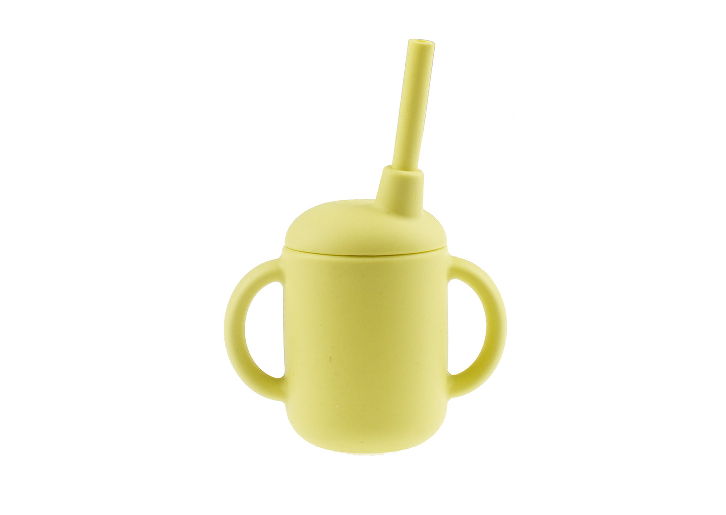 Yellow silicone sippy cup for kids with removable straw, perfect for spill-free hydration.