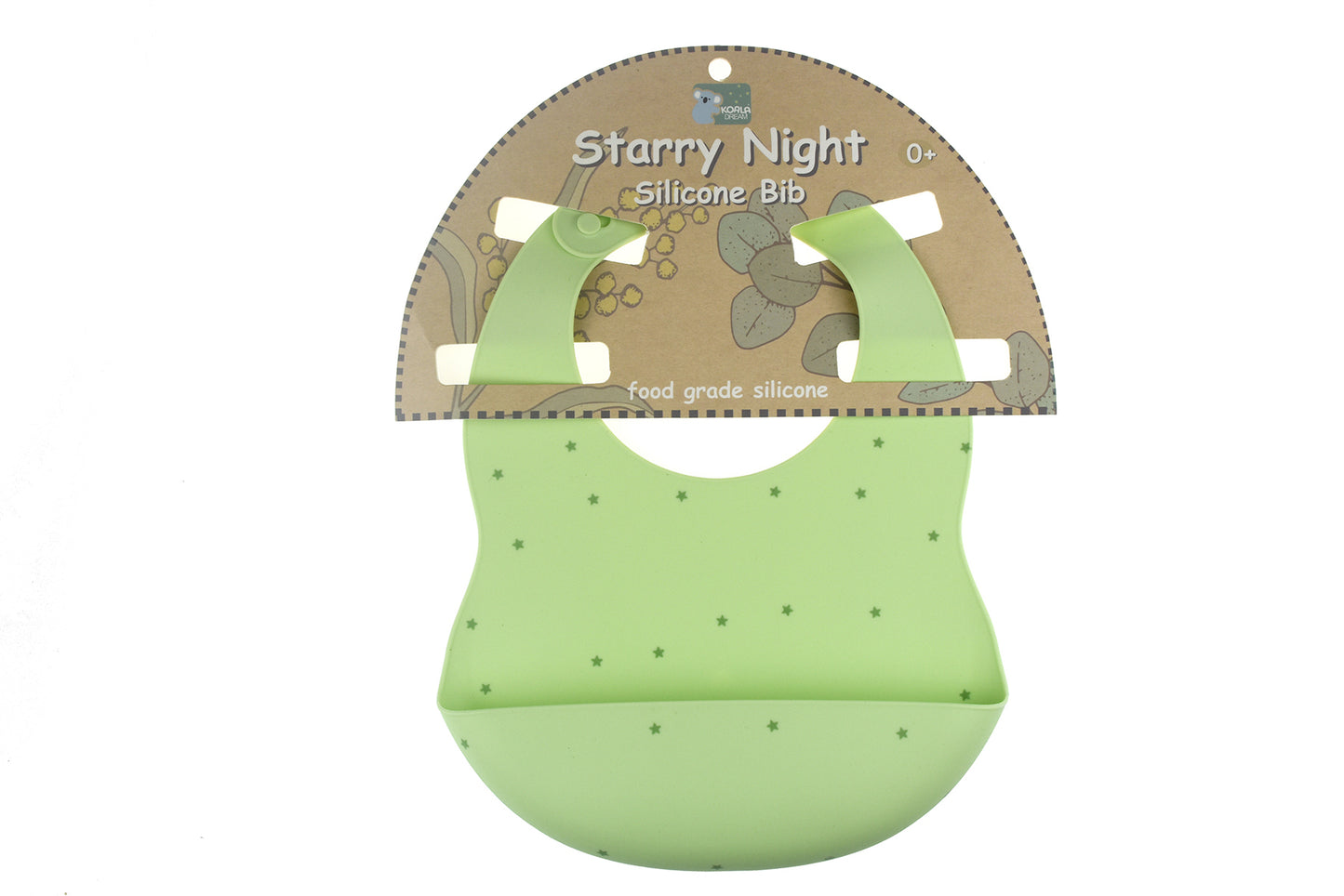 Koala Dream starry night green silicone bib with scoop, perfect for mess-free feeding.