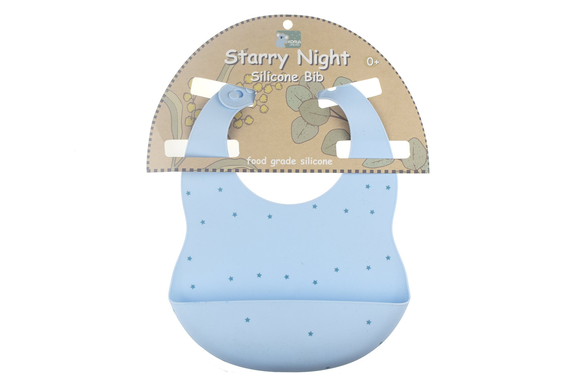 Blue silicone bib with starry night design, perfect for messy mealtime fun.