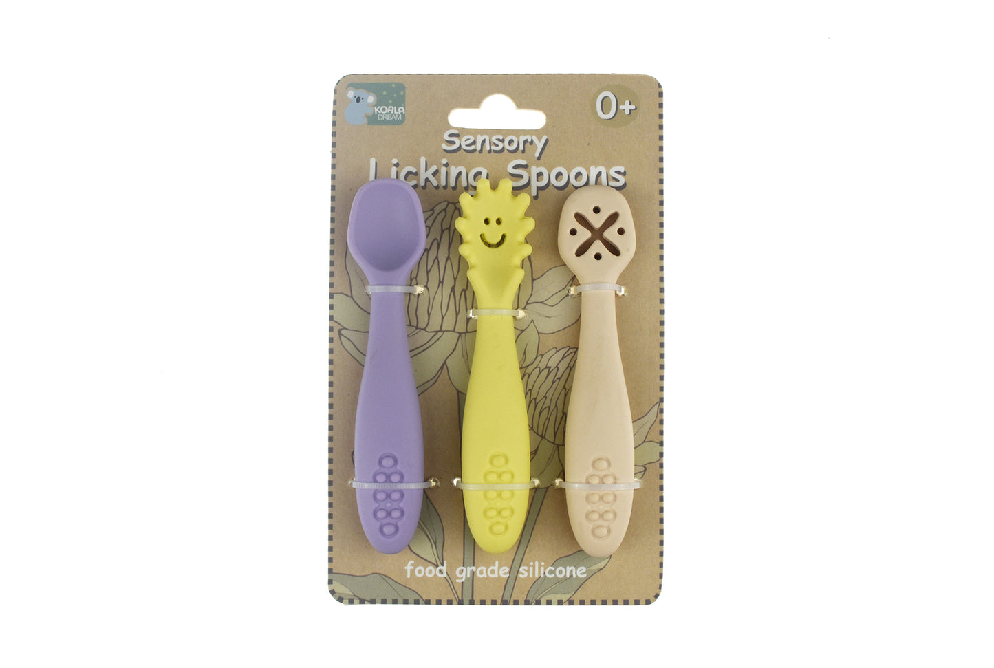 Silicone sensory licking spoons with koala dream design for babies.