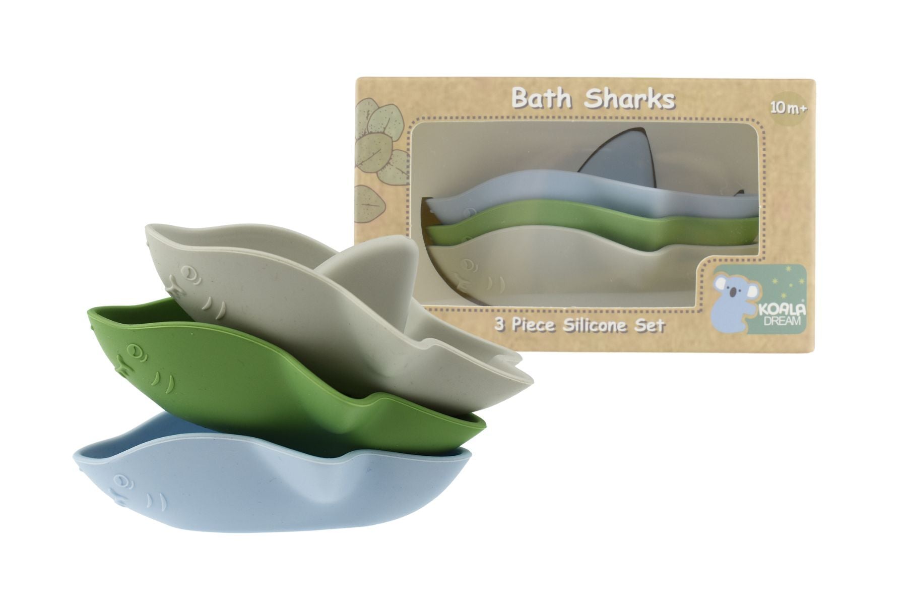 Silicone bath sharks set in blue and green colors for kids fun water play.