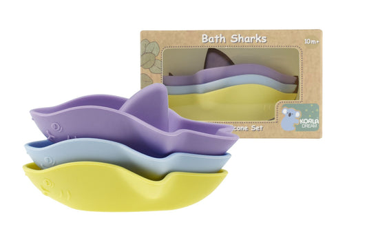 Colorful 3-piece bath sharks set, perfect for kids bathtime fun and imaginative play.