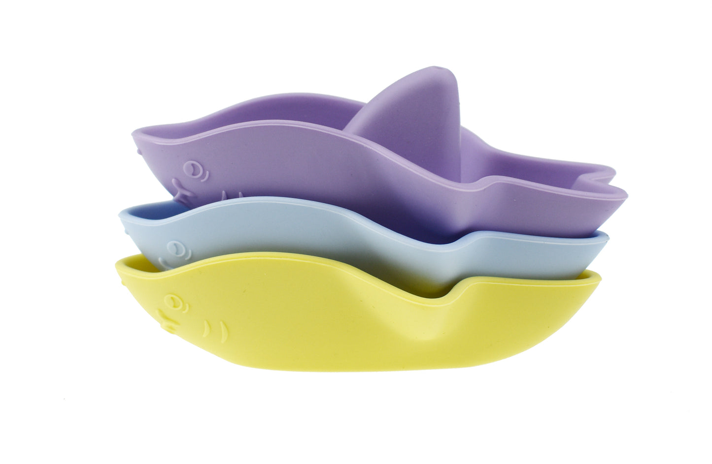 Colorful silicone shark bath toys for kids, a fun and safe addition to bath time.