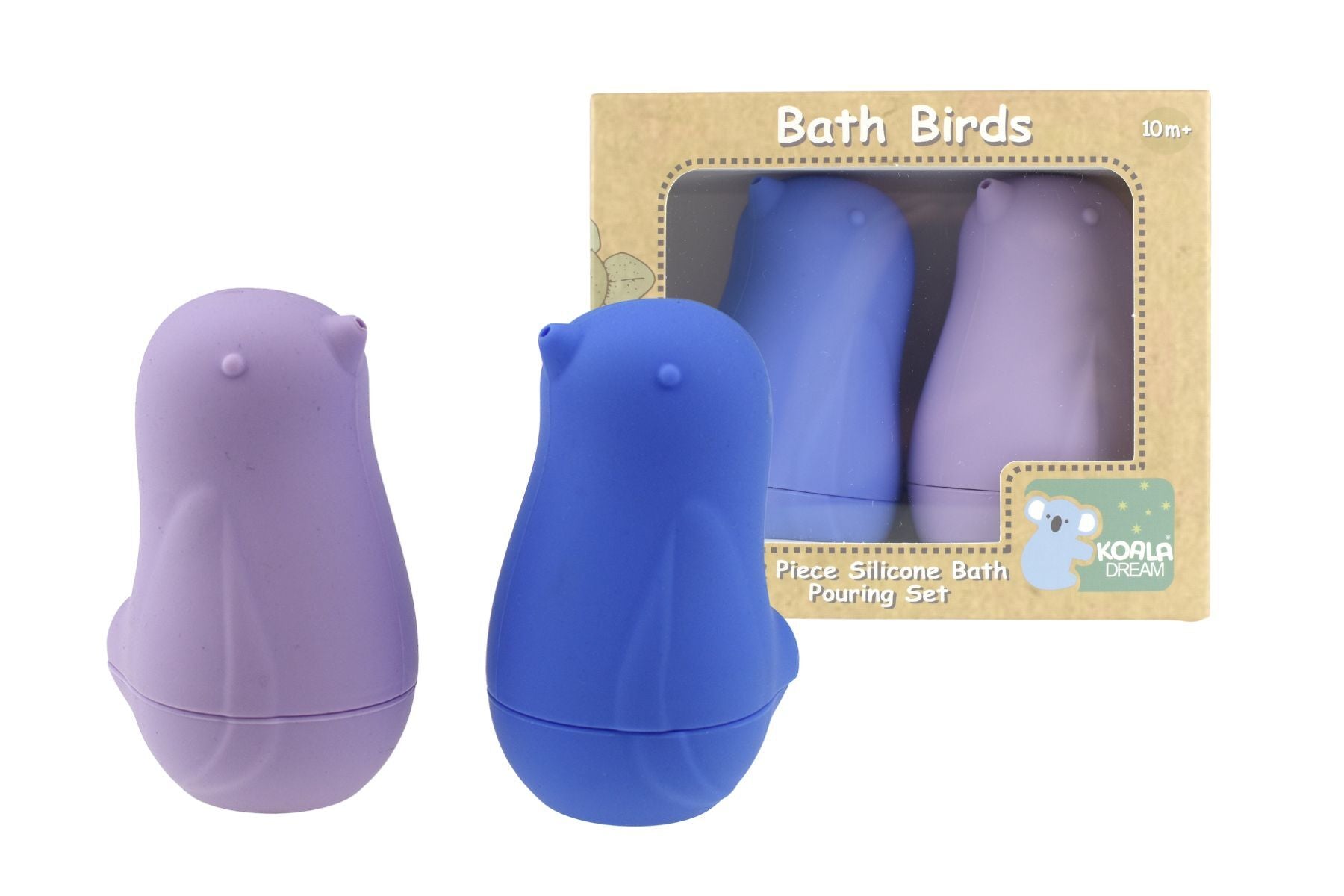 Colorful Koala Dream Bath Birds Silicone Pouring Set for kids bathtime fun in purple.