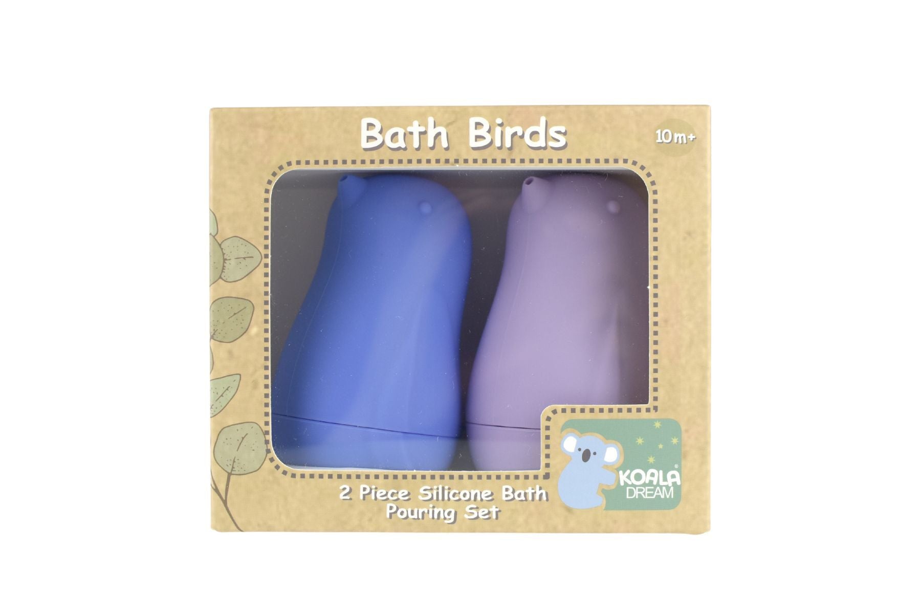 Colorful silicone pouring set for bath play, featuring Koala Dream Bath Birds design in purple.