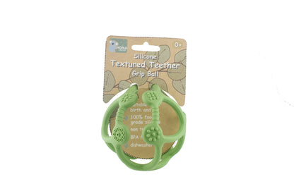 Green textured teether ball in silicone, ideal for soothing babies teething discomfort.