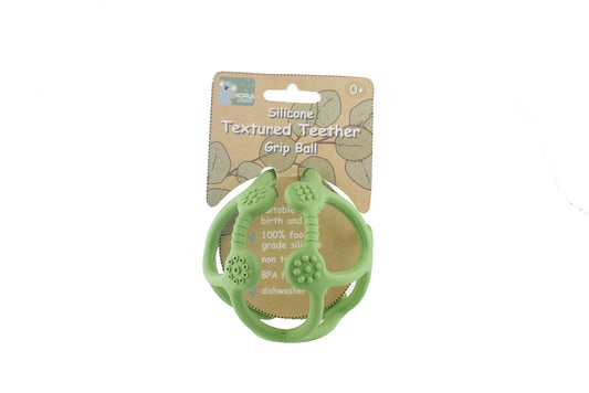 Green textured teether ball in silicone, ideal for soothing babies teething discomfort.