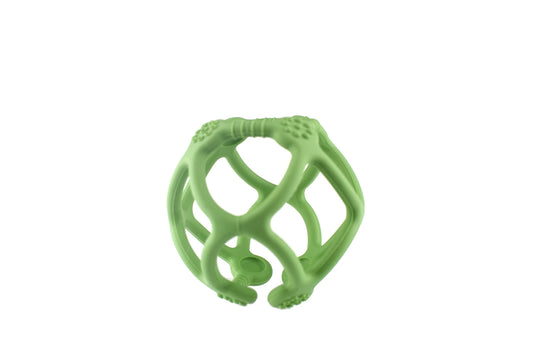 Green silicone teether ball for babies, textured design for soothing gums and teething relief.