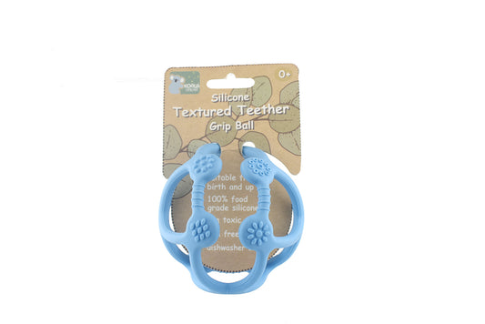 Blue silicone teether ball with koala design for soothing babys gums during playtime.