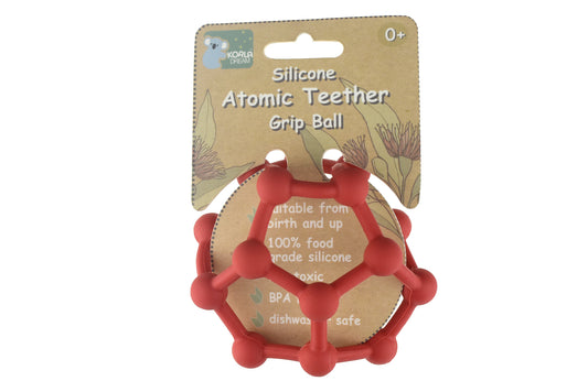 Koala Dream red silicone teether ball with easy grip design for soothing infant gums.