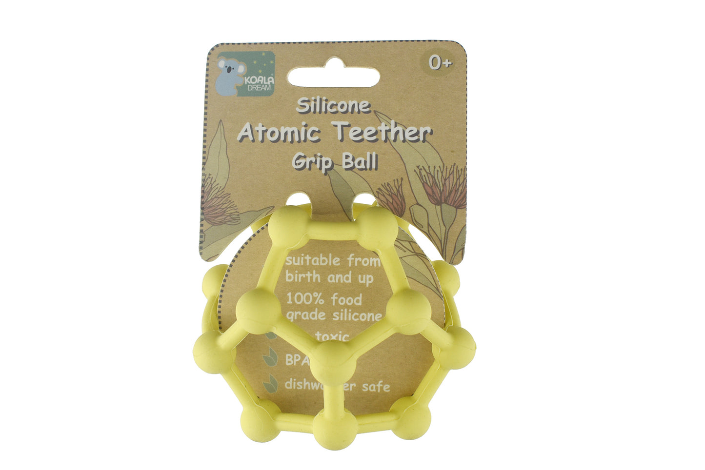 Yellow silicone teether ball designed for babies comfort and teething relief, sized at 9cm.