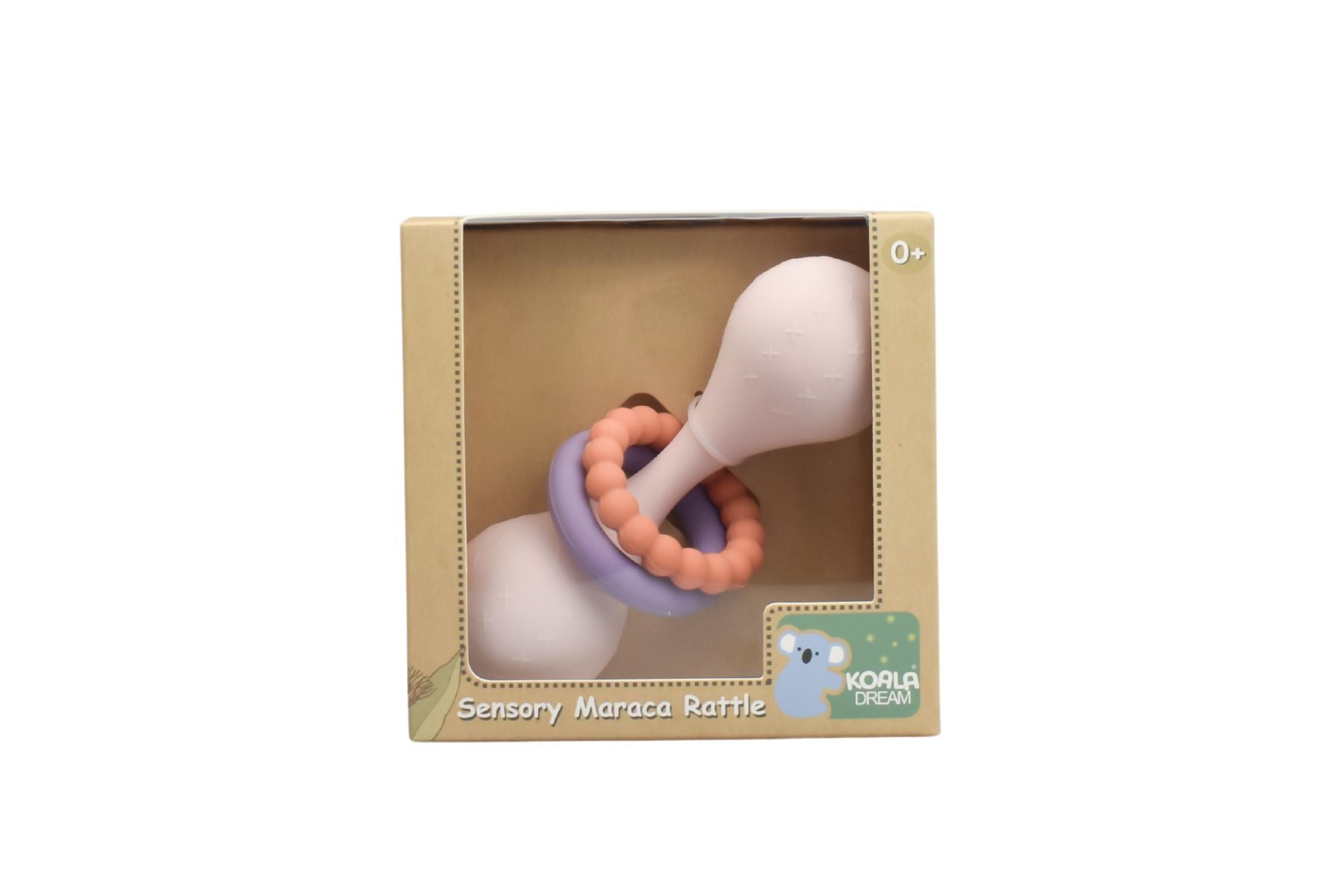 Koala Dream silicone maraca rattle, engaging sensory toy for baby at home.